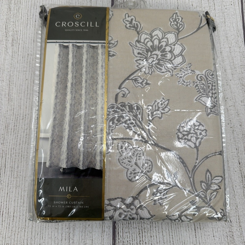Croscill Shower Curtain Mila Linen Floral Jacquard Beige White Embroidered